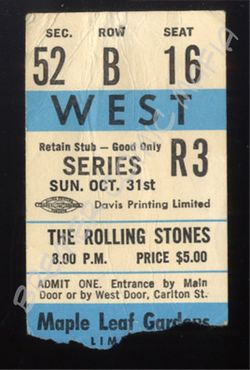 Rolling Stones  - Original Eintrittskarte zum Konzert vom 31.10.1965 im Maple Leaf Gardens (Motiv 304)