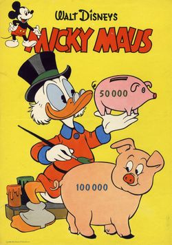 Micky Maus Ankündigungsplakat „Dagobert mit Sparschwein“ (Heft 4/1959)