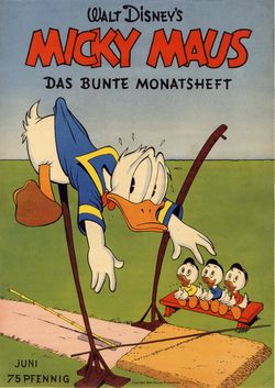 Micky Maus Ankündigungsplakat „Donald beim Stabhochsprung“ Heft 6/1954