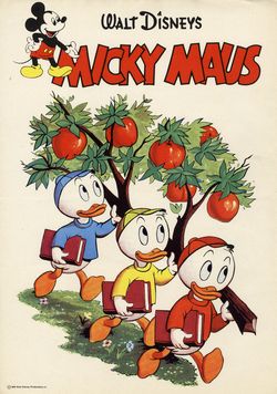 Micky Maus Ankündigungsplakat „Tick, Trick und Track tragen Apfelbaum“ (Heft 38/1959)