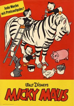 Micky Maus Ankündigungsplakat „Tick, Trick und Track malen ein Zebra“ (Aus dem Jahr 1959)