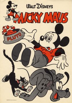 Micky Maus Ankündigungsplakat „Katze, Pluto und ein fliegender Fressnapf“ (Heft 11/1959)